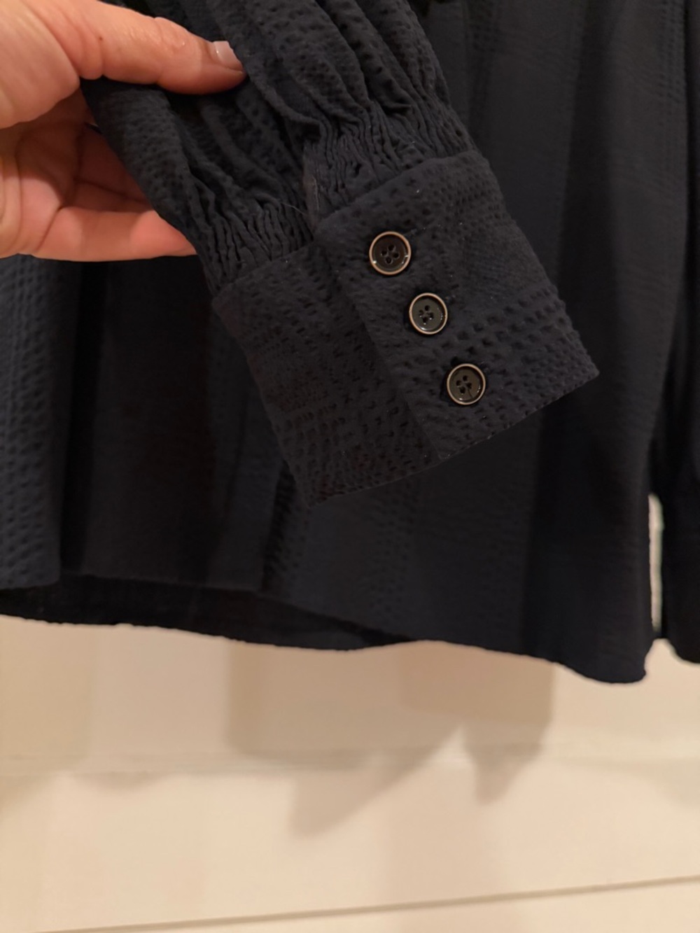 Teija 100% Silk Navy Balloon-Sleeve Tie-Neck Blouse - Picture 4 of 7